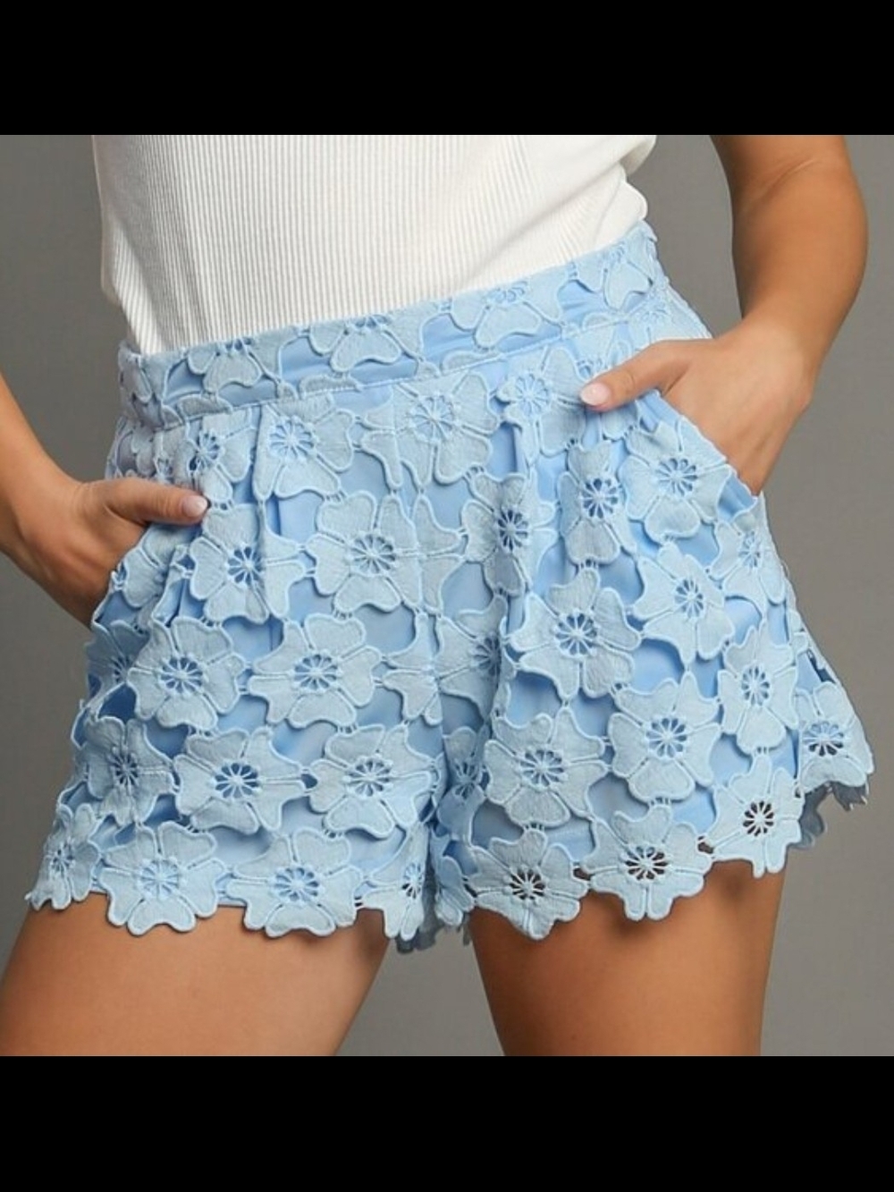 Umgee Light Blue Floral Lace Shorts